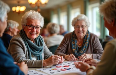 Seniors happily play bingo in community center. Focused, enjoying time together. Room bright, welcoming. Fun activity promotes socialization. Seniors engagement in community events. Positive