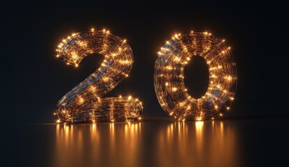 Illuminated Festive Number Twenty: Glowing String Lights Forming 20 in Dark Background