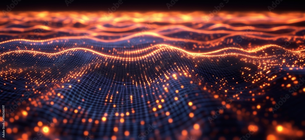 Poster digital wave patterns illuminated by glowing orange lights, creating a mesmerizing visual of flowing