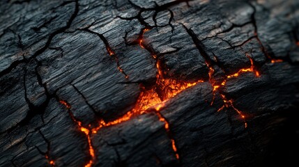 Glowing Ember Cracks on Charred Wood Surface in Dramatic Lighting