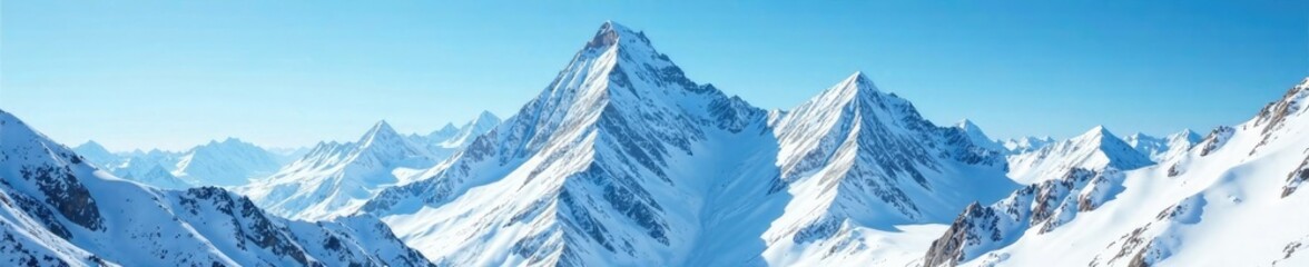 Obraz premium Snow-capped peaks of a mountain range rise above a serene blue sky, snow, rugged