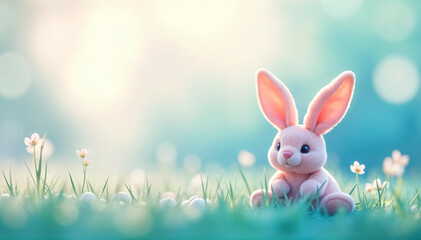 Pastel colored Easter bunny in a meadow with a beautiful bokeh background, reminiscent of the joys of spring and Easter celebrations.