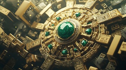 Obraz premium Intricate Golden Artifact with Emerald Gems Luxurious 3D Render of Ancient Design