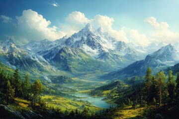 Obraz premium Majestic snow-capped mountains, serene valley lake.