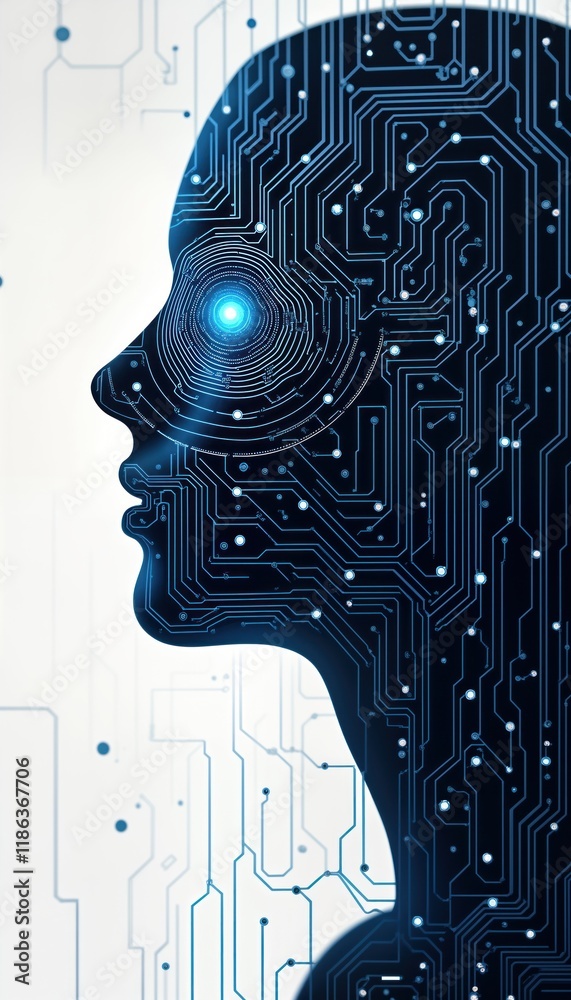 Poster Human head profile with intricate tech circuitry. Complex network of digital lines, glowing points create interface around head. AI, human-computer integration concept. Futuristic, virtual, advanced