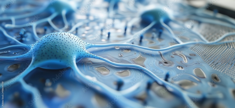 Poster neurons and neural networks visualization, blue neural cells interconnected on circuit board, abstra