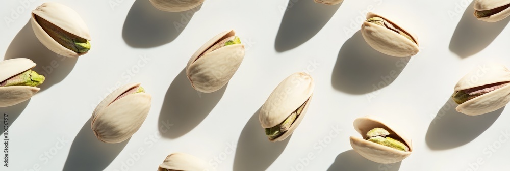 Aufkleber Many pistachios with slightly opened shells, revealing the green nuts inside, are levitating on a white background, creating a visually appealing repetitive pattern with their shadows