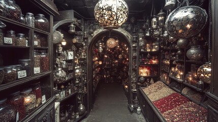 Fototapeta premium Exploring an enchanted curiosity shop mystical location interior photography dimly lit atmosphere captivating perspective