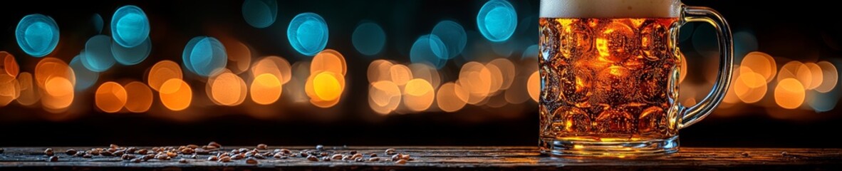 A wooden table features a glass of cold, golden beer against a green blurred background with lights. An Oktoberfest and St. Patrick's Day celebration atmosphere in a pub or bar. Card, banner, poster