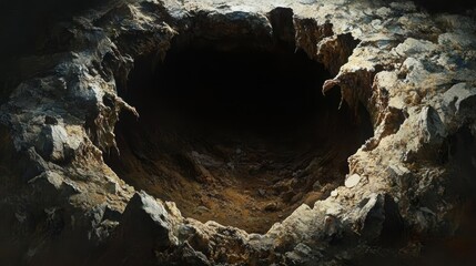 Dark Abyss in Rocky Terrain Surrounded by Jagged Edges and Shadows