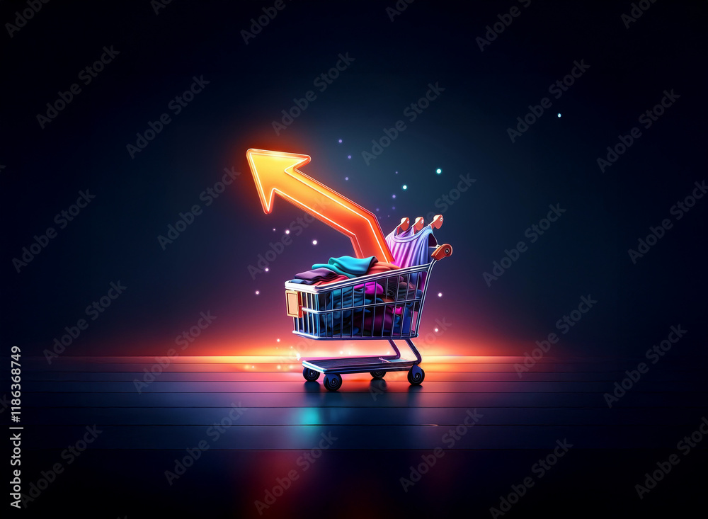 Aufkleber a shopping cart overflowing with clothes is illuminated by a glowing orange arrow pointing upward, s