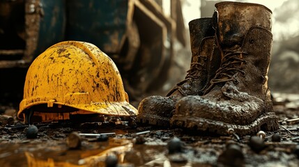 Yellow Hard Hat and Muddy Work Boots on Construction Site Ground