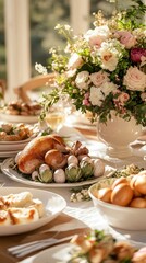 Elegant spring feast with roast chicken and floral table setting