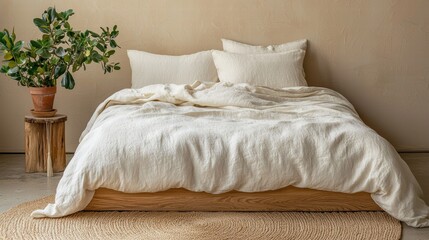 Serene bedroom corner with natural elements in neutral tones