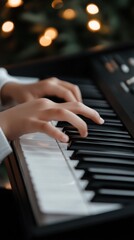 Obraz premium Young caucasian teen playing keyboard piano with soft lighting