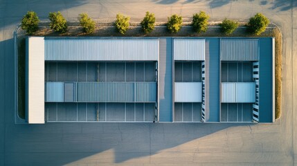Aerial View of Modern Storage Units with Metal Roofs and Trees