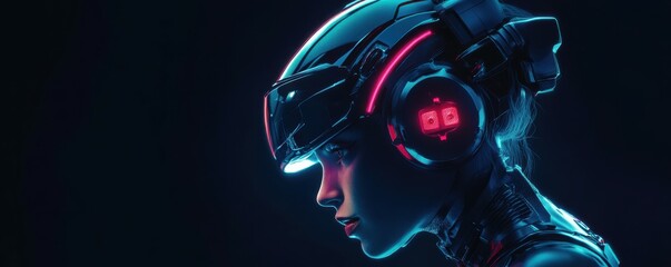 futuristic woman, virtual reality, technology, immersive experience, helmet, dark background, sleek design, modern aesthetics, cyberpunk concept, profile view, high tech gear, sci fi inspiration