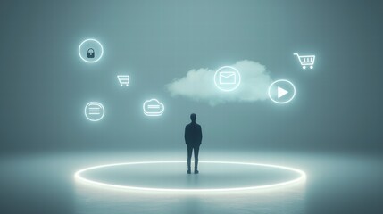 Abstract human figure with floating icons in soft glow