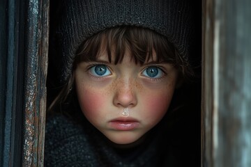 Kind mit intensiven blauen Augen und melancholischem Ausdruck in einer Holztür