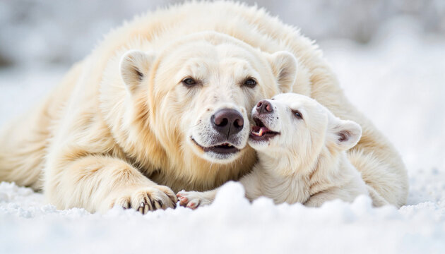 Polar bear nuzzling cub in snowy habitat, maternal love