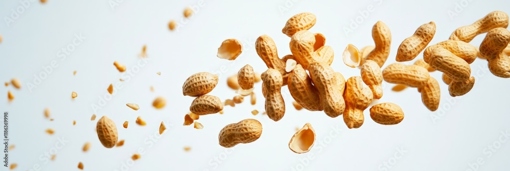 Aufkleber Many peanuts in shells are levitating on a minimalist white background, creating a dynamic and appetizing scene with some shells broken and scattered around