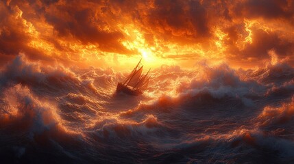 Fiery sunset, stormy sea, lone sailing ship.