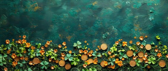 A St Patrick's Day banner design featuring a four-leaf clover crafted from paper, along with gold coins and confetti