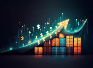Abstract illustration showing upward trending graph with shipping containers, symbolizing growth in global trade and commerce.  Dollar signs highlight financial success.