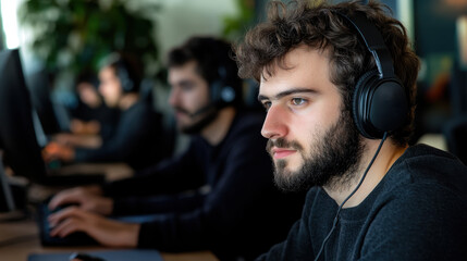 Focused young caucasian male gamer wearing headphones in a modern gaming room