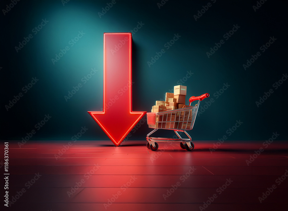 Poster a shopping cart filled with packages sits beside a large red downward-pointing arrow, illuminated in