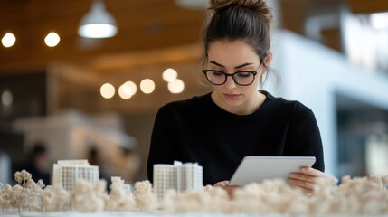 Female caucasian young adult architect analyzing model with tablet in modern office National Women Inventors Month