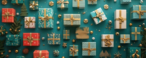 Gift boxes arranged artistically on a teal background, featuring a variety of sizes and patterns Beautiful decorations with gold ribbons enhance the festive atmosphere