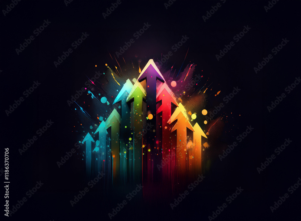 Poster vibrant, multicolored arrows ascend against a dark background, surrounded by colorful paint splatter