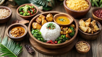 A wooden table set with rice, curry, and side dishes for a complete meal.