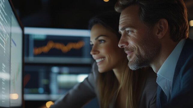 Data Analysis Duo: A team of data analysts scrutinize a computer screen, their expressions focused and engaged as they collaborate on a complex project.