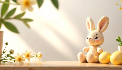 Fototapeta premium Brown Easter bunny doll on wooden table, brown, Easter egg, bokeh background