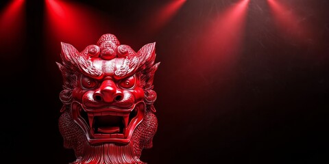Majestic Red Lion Sculpture Set Against Dramatic Lighting, Perfect for Highlighting Cultural Heritage and Artistic Expression in Photography