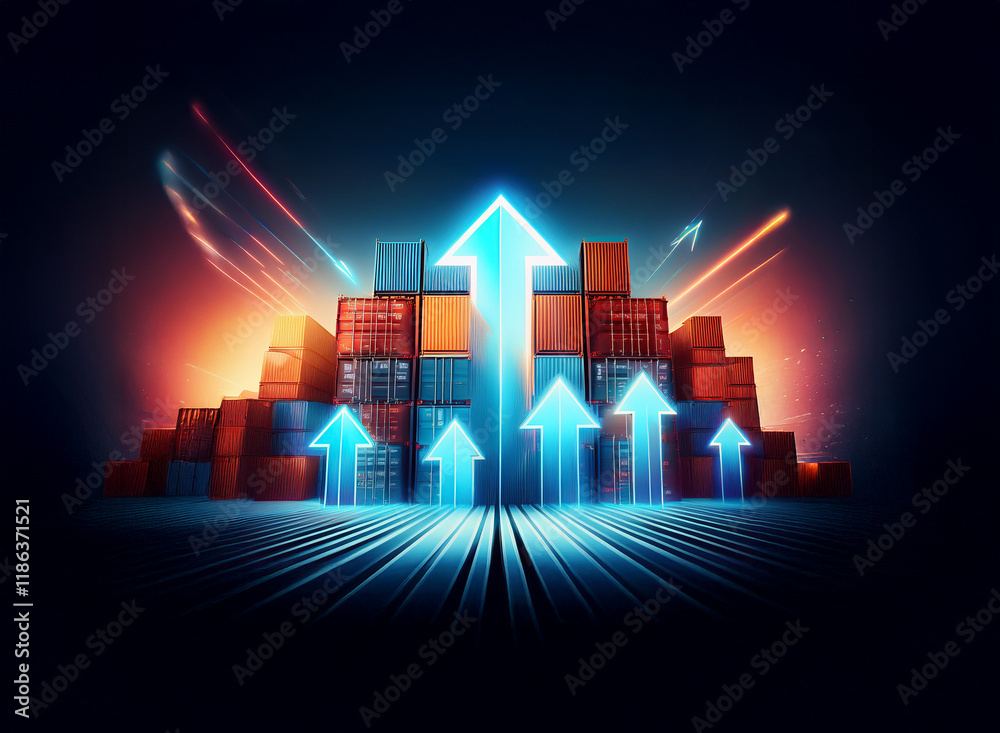 Aufkleber glowing arrows ascend above a collection of shipping containers, symbolizing growth in global trade 
