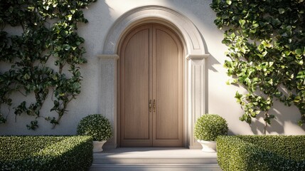 Fototapeta premium Elegant Wooden Door Surrounded by Lush Greenery and Plants