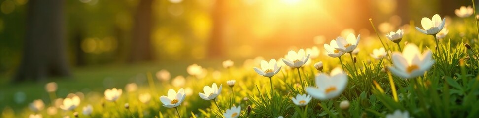 Fototapeta premium Sunlight filtering through white flowers on a slope, warm, white, hill