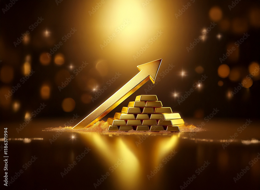 Poster a golden arrow ascends above a pyramid of gold bars resting on shimmering sand, set against a bokeh 