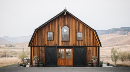 Rustic wooden barn with large door and scenic mountain backdrop