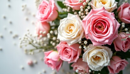 Obraz premium Close up view of bouquet of pink, white roses. Fresh flowers arranged in bunch. Floral arrangement suggests wedding special event. Romantic setting for proposal engagement. Roses symbolize love,