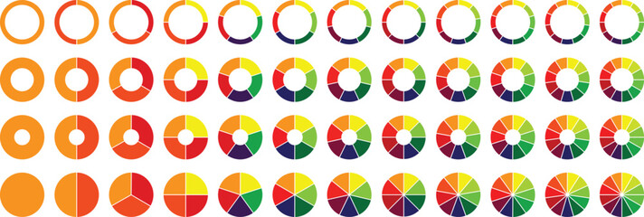 Pie chart infographic set. Circle diagram collection with sections or parts. Colorful pie chart set. Segmented circle icons for infographic, data analysis, web design, ui or presentation