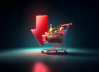 A shopping cart filled with groceries sits beneath a large red downward-pointing arrow, suggesting decreasing prices or consumer spending.  The scene is dramatically lit against a dark background.