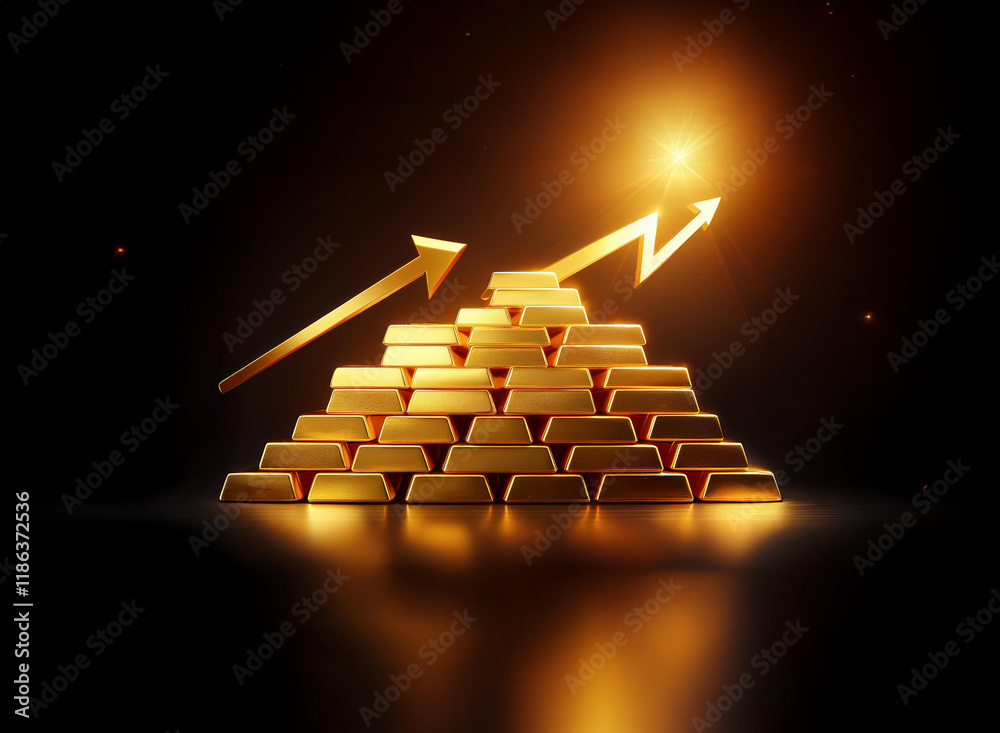 Poster a pyramid of gleaming gold bars is dramatically lit, with upward-pointing arrows symbolizing growth 