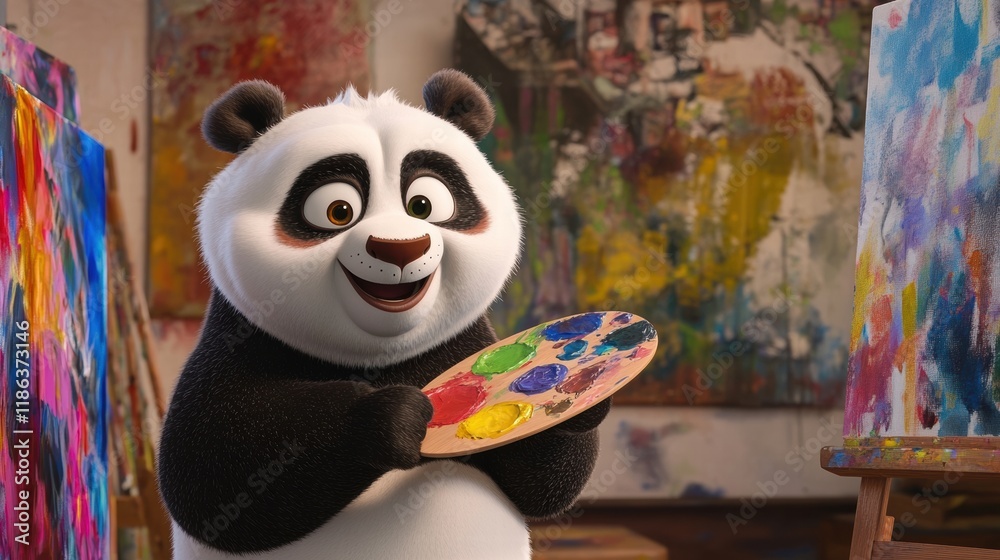 Aufkleber panda joyfully painting with brush and palette in a vibrant art studio filled with colorful canvases