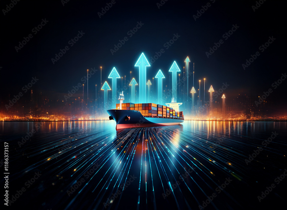 Poster a container ship sails on illuminated waters at night, surrounded by glowing upward arrows suggestin