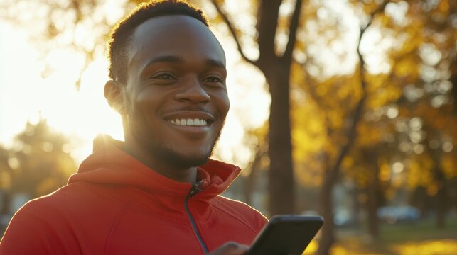 Golden Hour Smiles: A man in a vibrant red hoodie beams with genuine happiness while holding his phone in the warm glow of a golden hour sunset, his smile reflecting a moment of joy and connection. 
