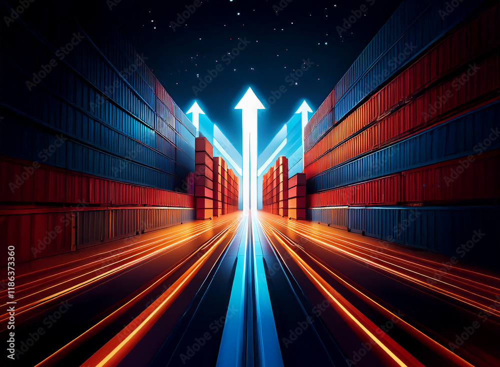 Aufkleber a glowing blue arrow points upward between rows of shipping containers, symbolizing growth in global